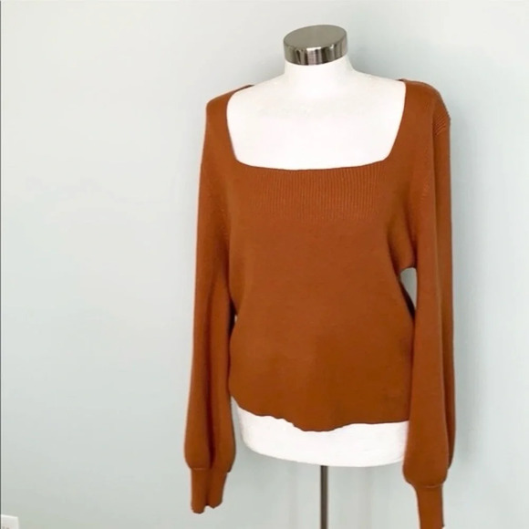 Sz S women’s ribbed square long sleeve puff pull over sweater brick red new - Picture 3 of 6